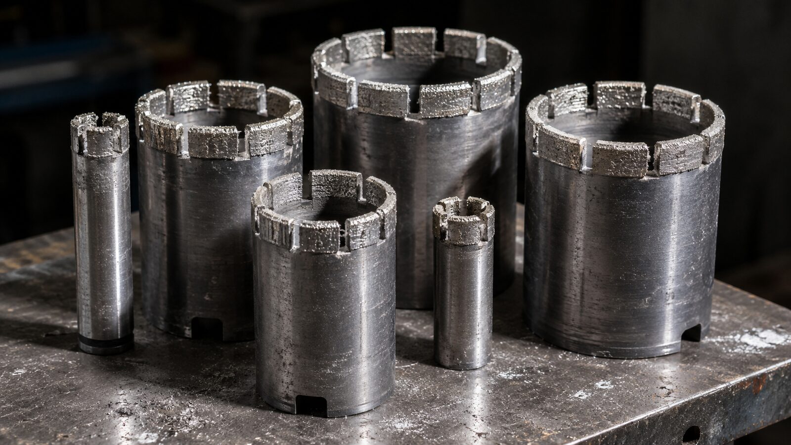 Diamant-Kernbohrkronen verschiedener Durchmesser mit neu belegten Diamantsegmenten
