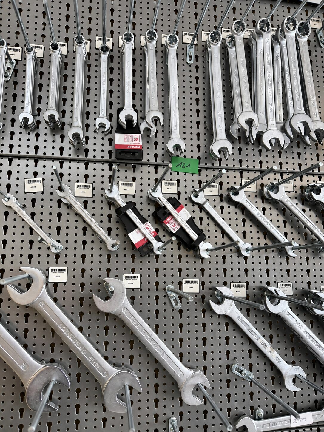 Wand mit Gabelschlüsseln und Handwerkzeug