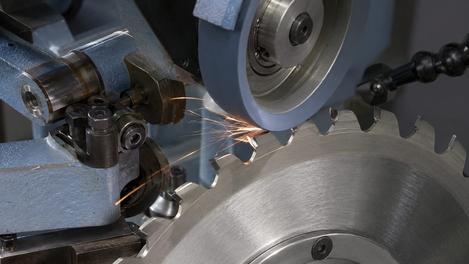 Schärfen eines hartmetallbestückten Kreissägeblatts auf der Schärfmaschine